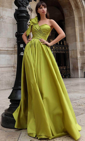 A-line Flutter Sleeves One Shoulder Natural Waistline Sweetheart Floor Length Slit Pleated Wrap Ruched Prom Dress With a Bow(s)