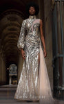 Sophisticated High-Neck Slit Back Zipper Cutout Asymmetric Sheer Sequined Beaded Bishop Sleeves Sleeveless Mermaid Dress