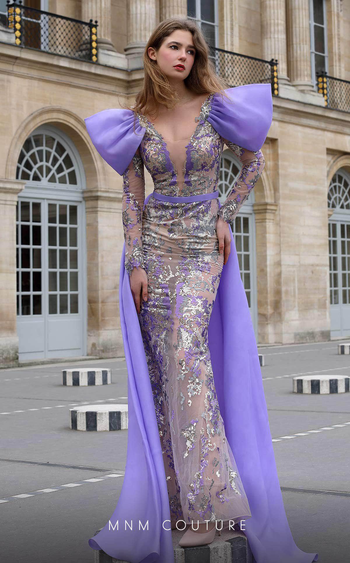 MNM Couture K4075 - Bow Sleeve Embellished Illusion Gown
