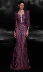 Sequined Jeweled Beaded Illusion Mermaid Jeweled Neck Natural Waistline 3/4 Sleeves Evening Dress with a Brush/Sweep Train