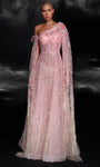 A-line Floor Length Natural Waistline Asymmetric Illusion Sequined Beaded Open-Back Evening Dress