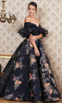 A-line Strapless Sweetheart Floral Print Floor Length Natural Waistline Puff Sleeves Sleeves Off the Shoulder Evening Dress with a Brush/Sweep Train