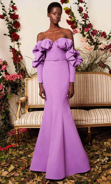 Back Zipper Open-Back Fitted Belted Sweetheart Mermaid Natural Princess Seams Waistline Long Sleeves Off the Shoulder Floor Length Evening Dress with a Brush/Sweep Train With Ruffles