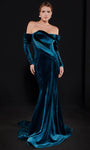 Natural Princess Seams Waistline Mermaid Long Sleeves Off the Shoulder Open-Back Velvet Evening Dress with a Brush/Sweep Train