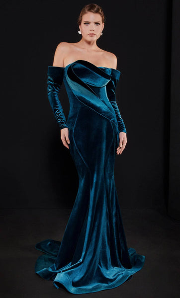 Long Sleeves Off the Shoulder Natural Princess Seams Waistline Open-Back Mermaid Velvet Evening Dress with a Brush/Sweep Train