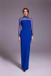 Sophisticated Natural Waistline Collared High-Neck Long Sleeves Belted Beaded Sheer Crystal Keyhole Back Zipper Slit Illusion Sheath Sheath Dress