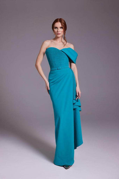 Sophisticated Strapless Off the Shoulder One Shoulder Crepe Natural Waistline Back Zipper Asymmetric Belted Sheath Sheath Dress