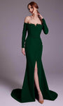 Sophisticated Mermaid Long Sleeves Off the Shoulder Natural Waistline Slit Belted Embroidered Crepe Evening Dress