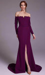 Sophisticated Crepe Mermaid Natural Waistline Belted Embroidered Slit Long Sleeves Off the Shoulder Evening Dress