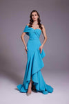 Sophisticated Strapless Sweetheart Belted Back Zipper Natural Waistline Crepe High-Low-Hem Mermaid Off the Shoulder Dress With a Bow(s) and Ruffles
