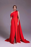 Sophisticated Crepe Sheath Natural Waistline Off the Shoulder One Shoulder Belted Asymmetric Slit Tiered Sheath Dress/Evening Dress