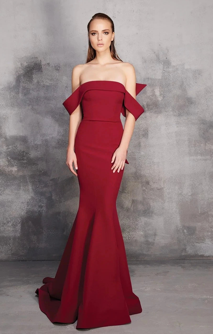 Open-Back Wrap Natural Waistline Mermaid Off the Shoulder Floor Length Party Dress with a Brush/Sweep Train With Ruffles
