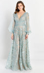 A-line V-neck Floor Length Natural Waistline Back Zipper V Back Applique Floral Print Sheer Sleeves Plunging Neck Dress