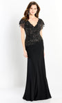 V-neck Sheath Floor Length Natural Waistline Fitted Beaded Mesh Back Zipper V Back Sheath Dress