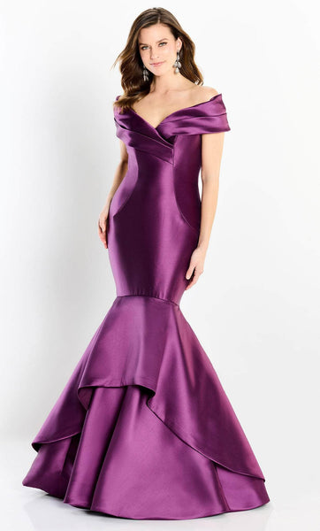 Sophisticated Off the Shoulder Fall Natural Waistline Fitted Button Closure Mermaid Satin Floor Length Dress with a Brush/Sweep Train
