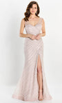 V-neck Sheath Beaded Illusion Sequined Slit Faux Wrap Back Zipper Sheer Sleeves Natural Waistline Sheath Dress with a Brush/Sweep Train With Pearls