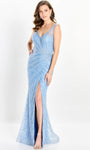 V-neck Natural Waistline Sequined Illusion Back Zipper Faux Wrap Slit Beaded Sheer Sleeves Sheath Sheath Dress with a Brush/Sweep Train With Pearls