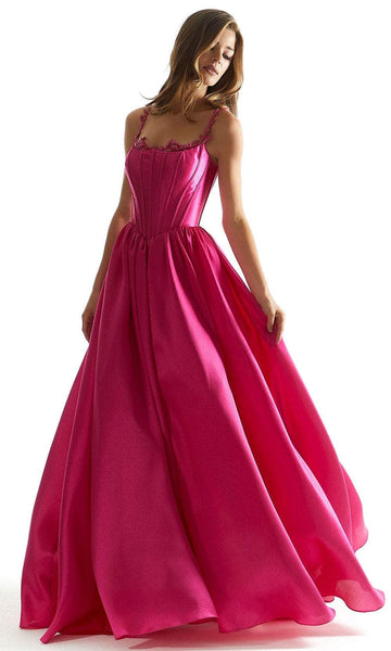 Sophisticated A-line Basque Waistline Floor Length Lace-Up Embroidered Open-Back Prom Dress with a Court Train