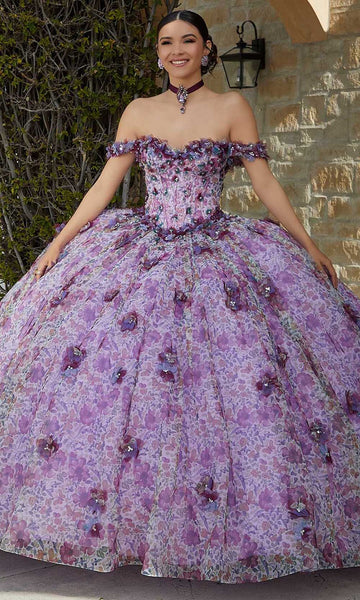 Strapless Off the Shoulder Tulle Applique Lace-Up Beaded Crystal Sweetheart Basque Waistline Floral Print Ball Gown Dress