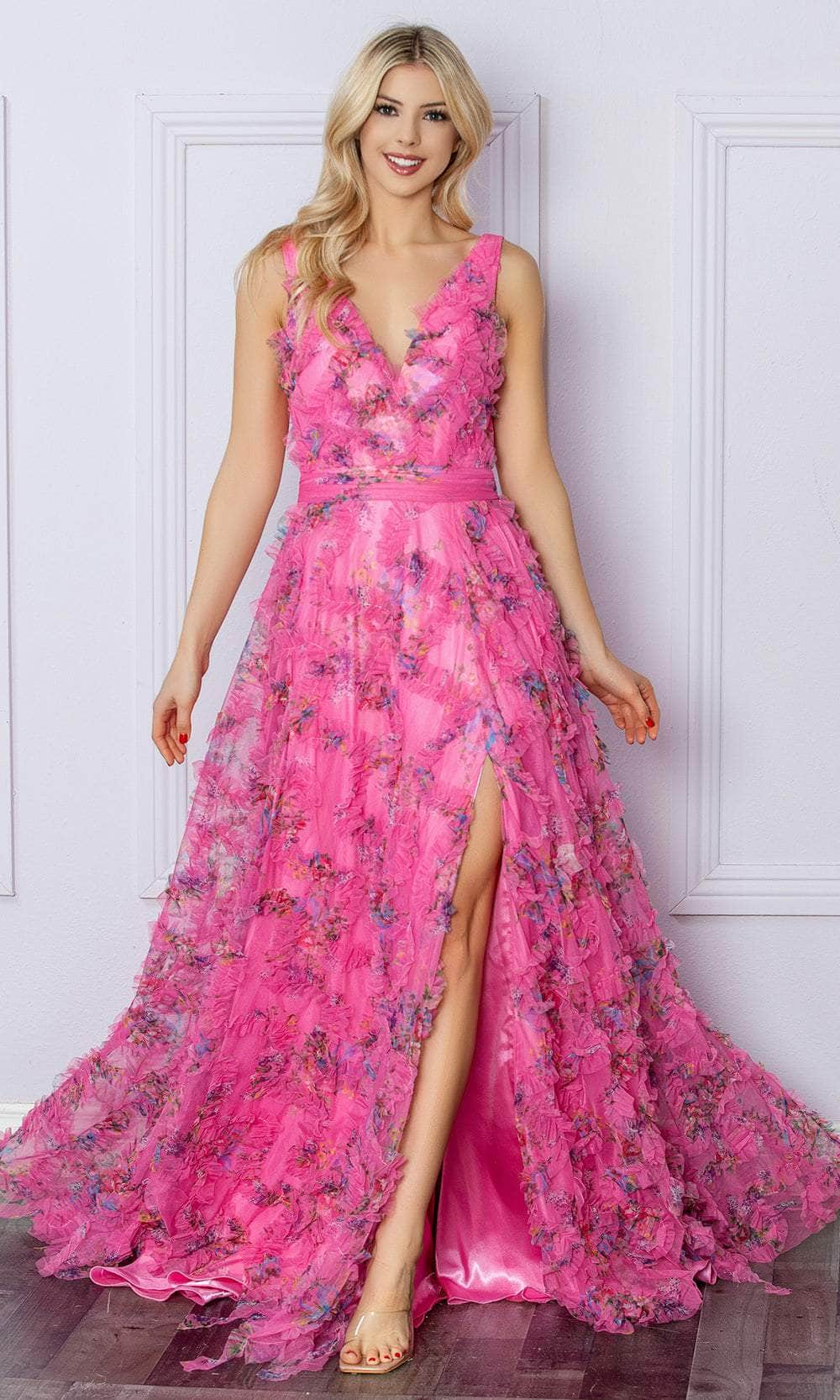 Nox Anabel E1445 - Floral Print Ruffles Prom Dress
