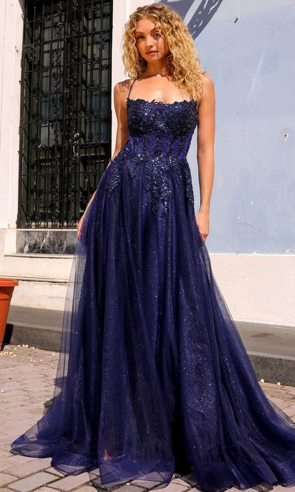 Nox Anabel G1405 - Scoop Lace Appliqued Prom Dress with Slit
