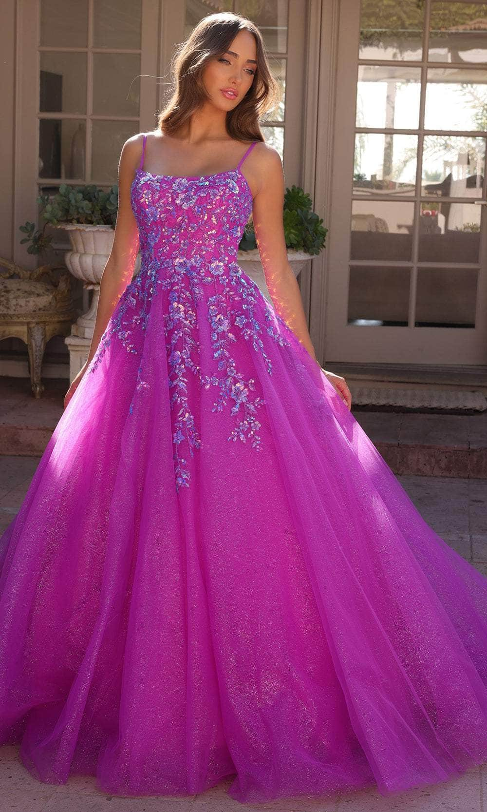 Nox Anabel H1464 - Floral Sequin Scoop Prom Dress
