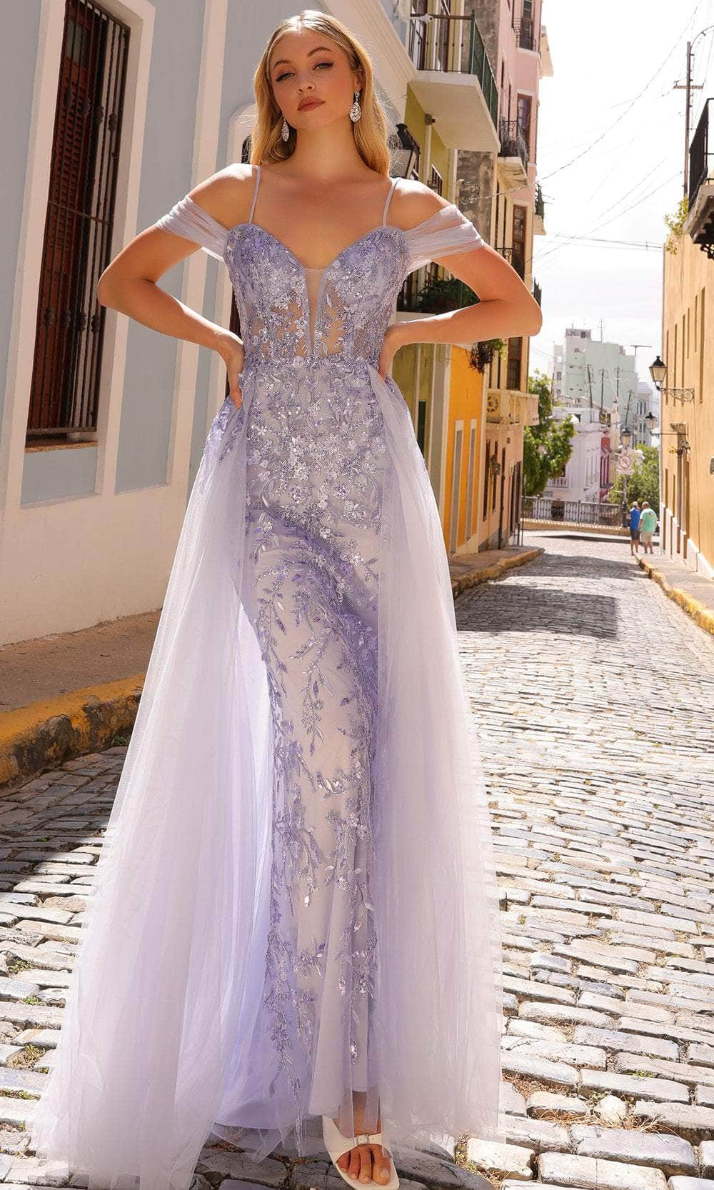 Nox Anabel L1362 - Cold Shoulder Corset Bodice Prom Gown
