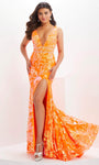 Sexy V-neck Sleeveless Mermaid Plunging Neck Slit Sequined Open-Back Floral Print Evening Dress