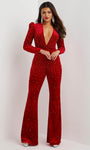 V-neck Velvet Long Puff Sleeves Sleeves Plunging Neck Natural Waistline Jeweled Hidden Back Zipper Evening Dress/Jumpsuit With Rhinestones