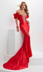 Illusion Jeweled Wrap Slit Satin Mermaid Natural Waistline Off the Shoulder Plunging Neck Sweetheart Evening Dress with a Court Train With Ruffles