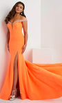 Sexy Mermaid Natural Waistline Illusion Slit Beaded Jeweled Off the Shoulder Jersey Evening Dress with a Court Train