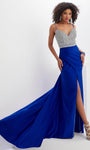 V-neck Cutout Draped Slit Jeweled Pleated Ruched Mermaid Bandeau Neck Spaghetti Strap Natural Waistline Evening Dress with a Court Train