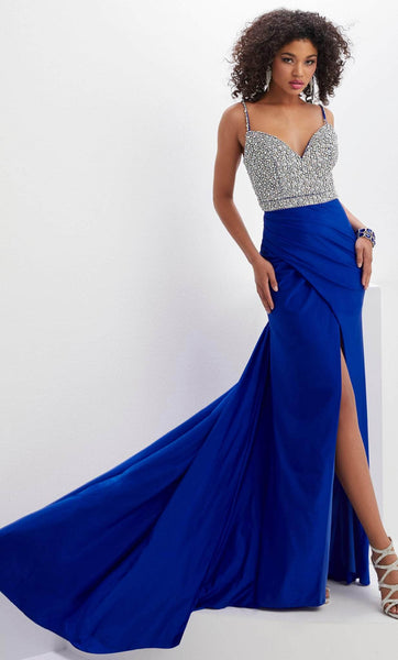 V-neck Bandeau Neck Spaghetti Strap Natural Waistline Cutout Pleated Ruched Slit Jeweled Draped Mermaid Evening Dress with a Court Train