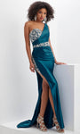 Sleeveless Mermaid Sweetheart Floor Length Natural Waistline Satin Fitted Asymmetric Back Zipper Beaded Open-Back Slit Ruched Evening Dress with a Brush/Sweep Train With Rhinestones