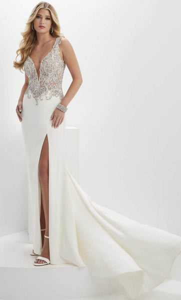 V-neck Plunging Neck Mermaid Fall Sleeveless Floor Length Beaded V Back Open-Back Applique Sheer Back Zipper Slit Natural Waistline Evening Dress with a Brush/Sweep Train With Rhinestones