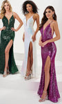Sexy V-neck Spaghetti Strap Plunging Neck Mermaid Slit Jeweled Beaded Open-Back Illusion Sequined Hidden Back Zipper Natural Waistline Evening Dress with a Brush/Sweep Train With Pearls