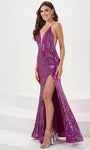 Sexy V-neck Jeweled Slit Hidden Back Zipper Beaded Illusion Sequined Open-Back Plunging Neck Spaghetti Strap Natural Waistline Mermaid Evening Dress with a Brush/Sweep Train With Pearls