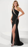 One Shoulder Sleeveless Cutout Jeweled Hidden Back Zipper Beaded Slit Asymmetric Mermaid Jersey Natural Waistline Evening Dress with a Brush/Sweep Train