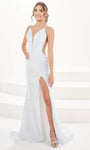 Sexy V-neck Spaghetti Strap Open-Back Illusion Slit Sequined Natural Waistline Mermaid Evening Dress with a Brush/Sweep Train