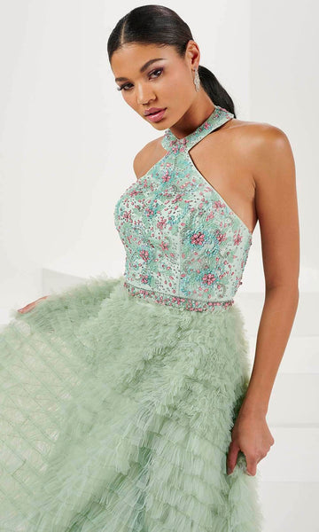A-line Tulle Natural Waistline Jeweled Beaded Goddess Hidden Back Zipper Sleeveless Halter Floral Print Prom Dress with a Brush/Sweep Train With Ruffles