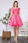 A-line Natural Waistline Lace-Up Pocketed Jeweled Beaded Square Neck Cap Flutter Sleeves Short Dress