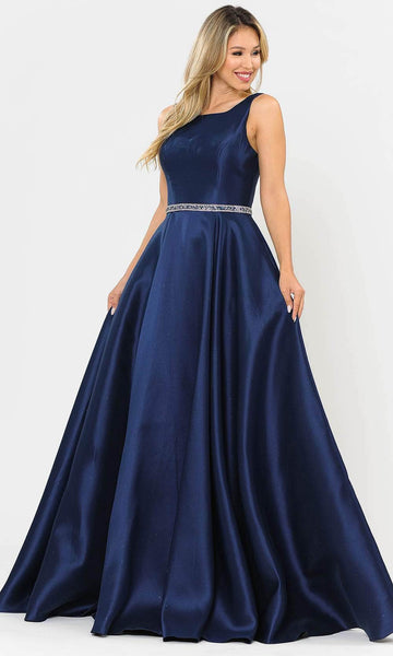 Sophisticated A-line Pocketed Belted Open-Back Back Zipper V Back Glittering Natural Princess Seams Waistline Sleeveless Bateau Neck Scoop Neck Dress with a Brush/Sweep Train With Rhinestones