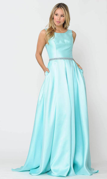 Sophisticated A-line Bateau Neck Scoop Neck Natural Princess Seams Waistline Pocketed Back Zipper Belted V Back Glittering Open-Back Sleeveless Dress with a Brush/Sweep Train With Rhinestones