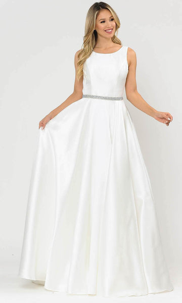Sophisticated A-line Natural Princess Seams Waistline Bateau Neck Scoop Neck Belted Pocketed Open-Back Back Zipper V Back Glittering Sleeveless Dress with a Brush/Sweep Train With Rhinestones