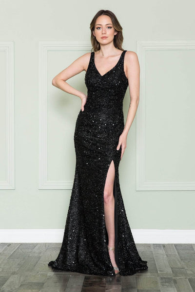 Sexy V-neck Spandex Mermaid Slit Sequined Open-Back Natural Waistline Sleeveless Prom Dress with a Brush/Sweep Train