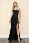 Sexy Slit Lace-Up Open-Back Beaded Corset Natural Waistline Spaghetti Strap Scoop Neck Jersey Mermaid Prom Dress with a Brush/Sweep Train With Rhinestones