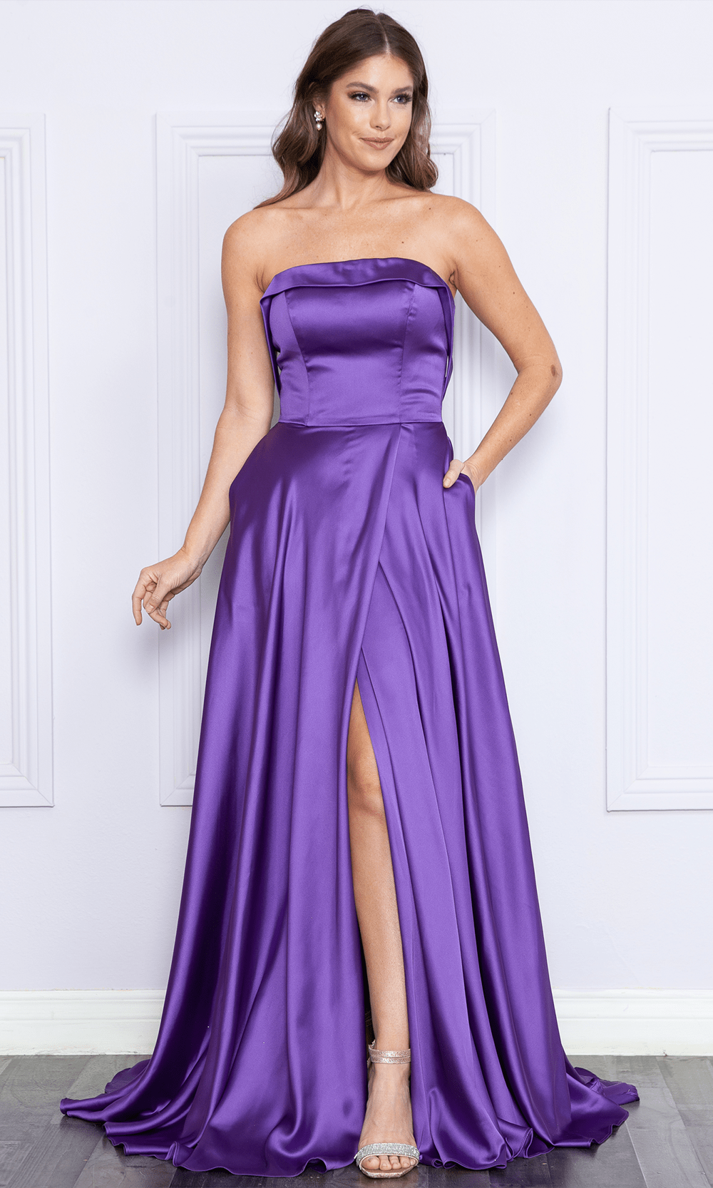 A-line Strapless Slit Pocketed Lace-Up Flowy Straight Neck Corset Natural Waistline Floor Length Dress with a Brush/Sweep Train