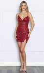 Sophisticated V-neck Sleeveless Spaghetti Strap Beaded Fitted Sequined Lace-Up Slit Tulle Sheath Cocktail Short Natural Waistline Sheath Dress/Homecoming Dress