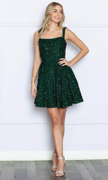 Sophisticated A-line Open-Back Pocketed Sequined Fitted Cocktail Short Fit-and-Flare Square Neck Sleeveless Natural Waistline Homecoming Dress