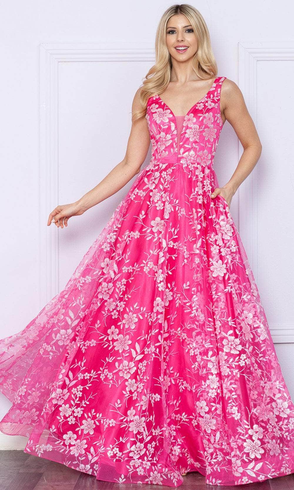 Poly USA 9298 - V-Neck Floral Prom Dress
